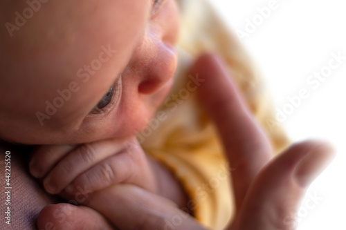 A newborn baby with blue eyes on his mother s shoulder  a small hand wrapped around his mother s finger. Soft focus. Bokeh. Close-up.