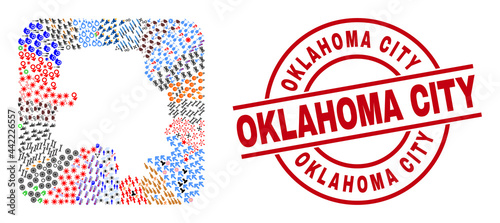 Vector collage New Delhi City map of different pictograms and Oklahoma City stamp. Collage New Delhi City map designed as stencil from rounded square shape. Red round stamp with Oklahoma City caption.