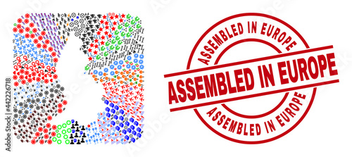 Vector mosaic Liechtenstein map of different icons and Assembled in Europe seal stamp. Mosaic Liechtenstein map designed as stencil from rounded square.