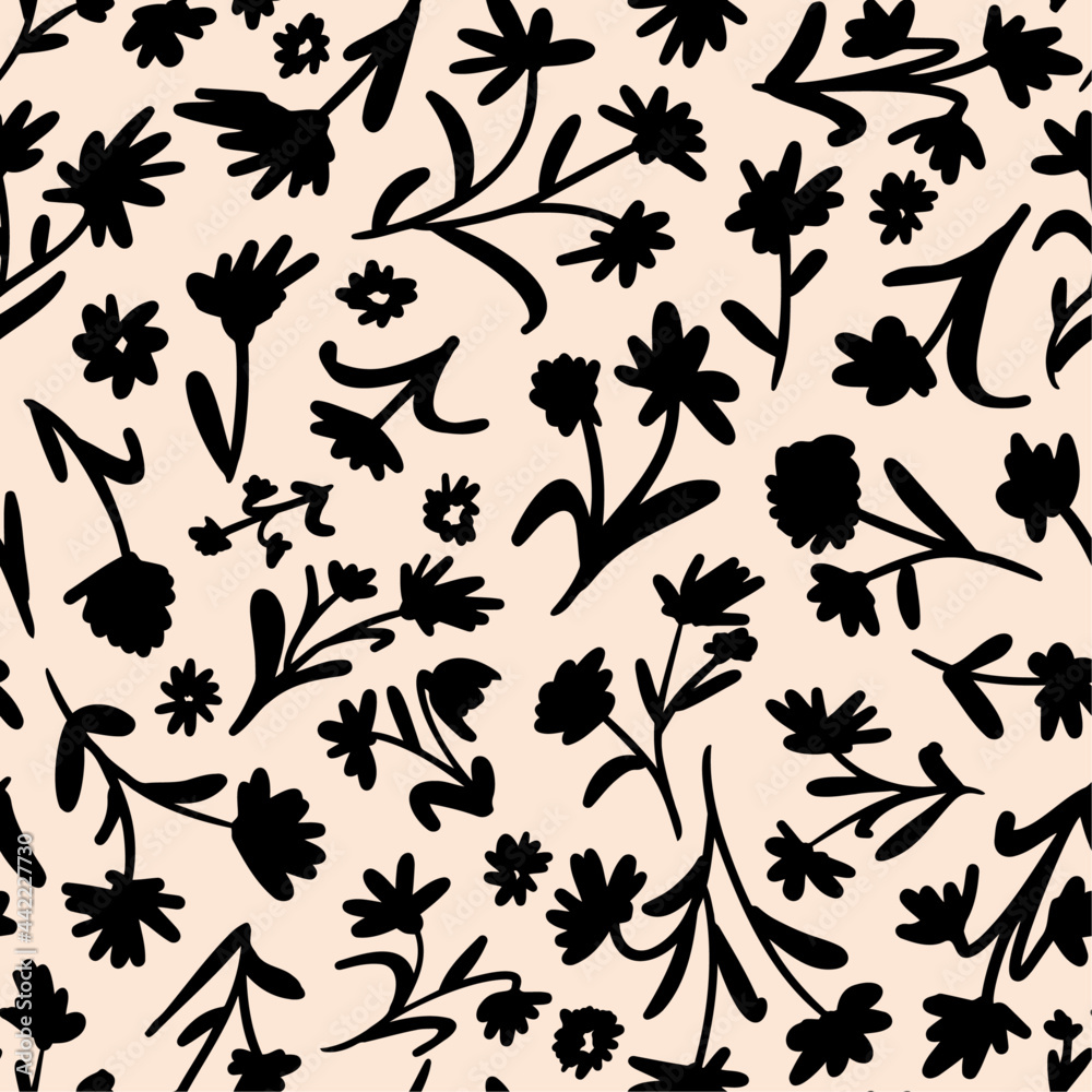 Doodled botanical silhouettes seamless repeat pattern. Random placed vector flowers with leaves all over surface print on beige background.