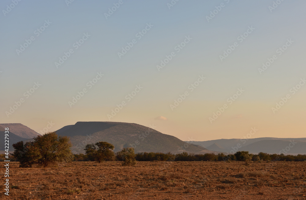 A Karoo plain and mountain turned red by the late afternoon sun