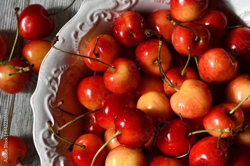 Bowl of rainier cherries photo