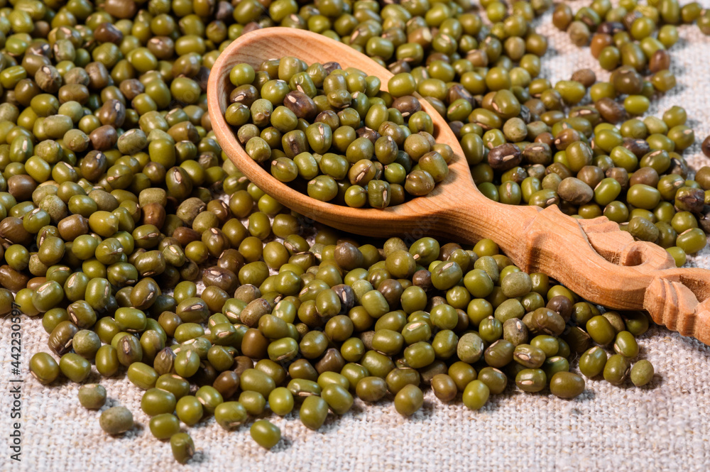 Dried green azuki beans with wooden spoon.