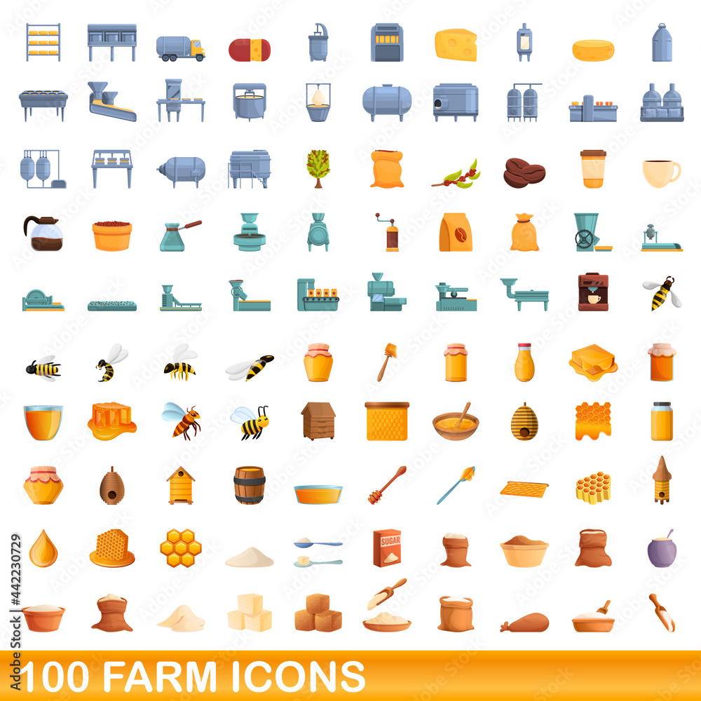 Fototapeta premium 100 farm icons set. Cartoon illustration of 100 farm icons vector set isolated on white background