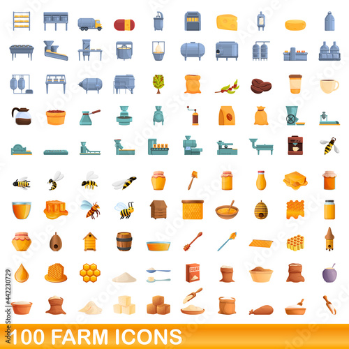 100 farm icons set. Cartoon illustration of 100 farm icons vector set isolated on white background