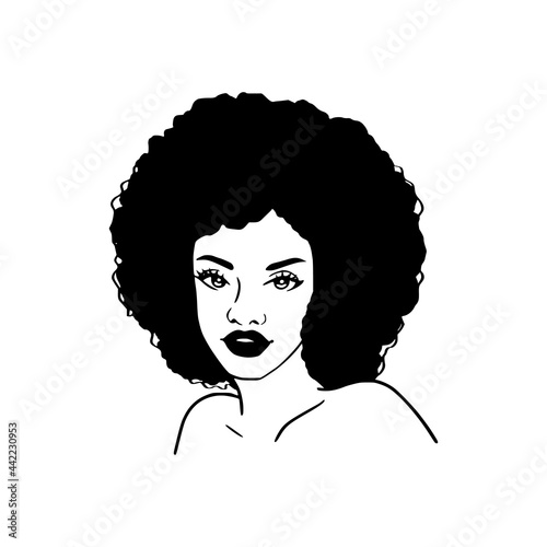 Black woman with a pretty face. African American girl. Curly Afro hair style. Cartoon style. Vector illustration on white isolated background. For beauty salon, t-shirt design, beauty logo.