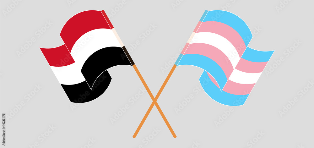 Crossed and waving flags of Yemen and transgender pride Crossed and waving flags of Yemen and transgender pride