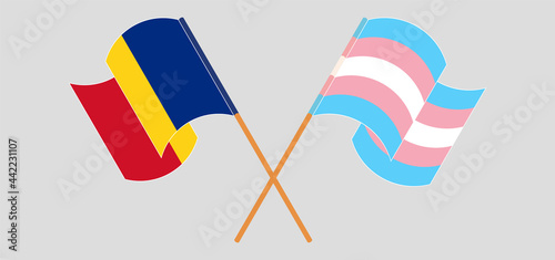 Crossed and waving flags of Romania and transgender pride