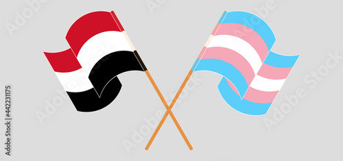 Crossed and waving flags of Yemen and transgender pride
