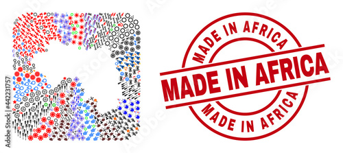 Vector collage Republic of Guinea map of different symbols and Made in Africa seal stamp. Collage Republic of Guinea map created as hole from rounded square. Red round stamp with Made in Africa tag.