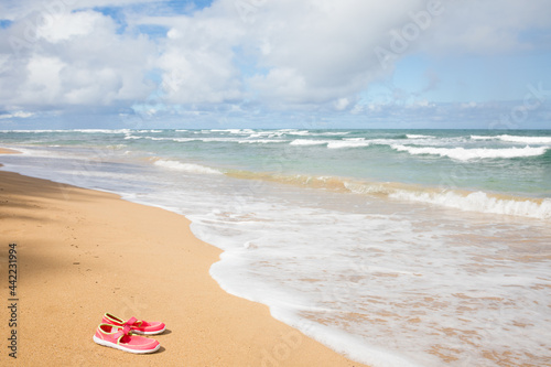 Pair of pink reef shoes left on sandy beach