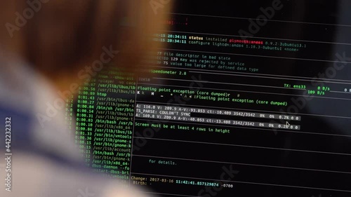 On the laptop monitor, there is text with numbers and letters. Female cybercriminals. View from the back.