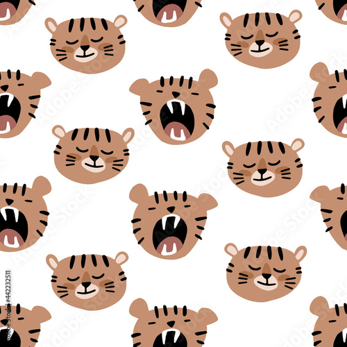 Seamless pattern with tigers. The head of a sleeping tiger. A tiger's head with teeth. Vector illustration in cartoon style . For children's fabrics, wallpapers, covers.