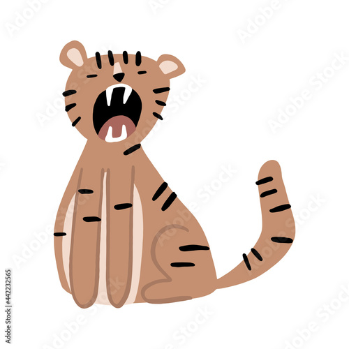 A cartoon-style tiger with an open mouth and protruding fangs. Vector illustration on a white background