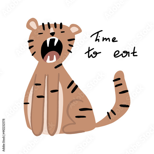 A tiger with an open mouth. Time to eat. Children's vector illustration. Isolated on a white background