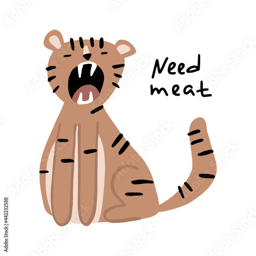 The lion sits with an open mouth. Colorful illustration for printing on clothes or books