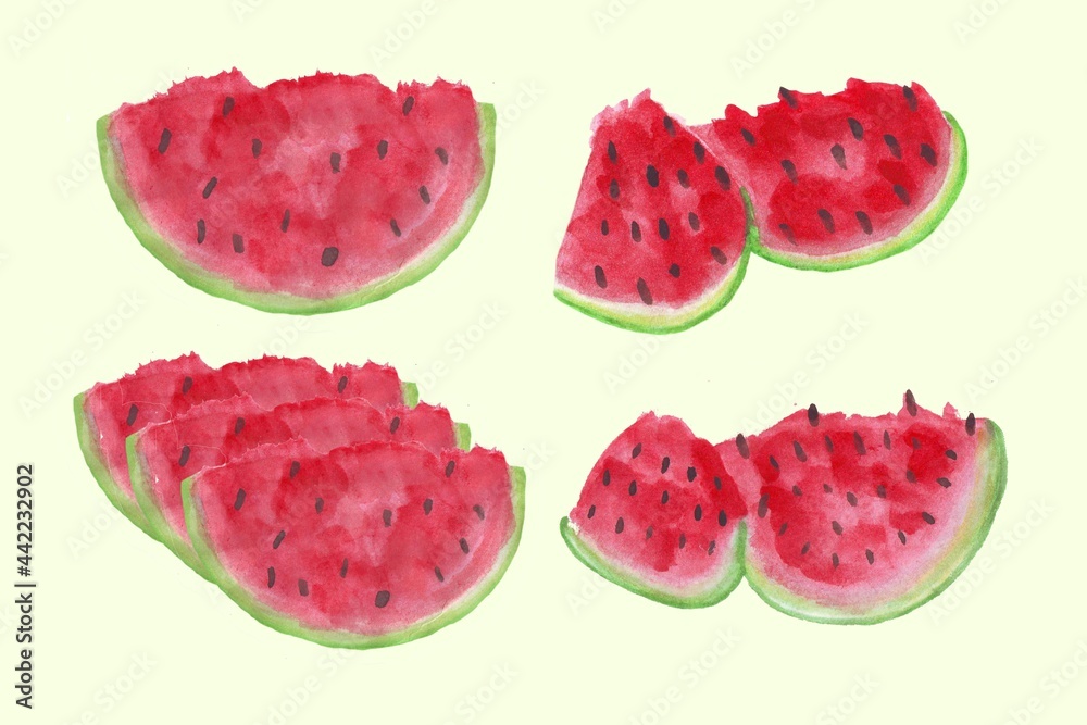 Watercolor illustration depicting cut slices of ripe watermelon with seeds on a light background Watercolor illustration depicting cut slices of ripe watermelon with seeds on a light background