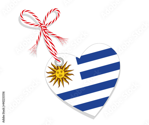 Fahne als Herz  „I Love Uruguay“ mit Kordel-Schleife,
Vektor Illustration isoliert auf weißem Hintergrund
