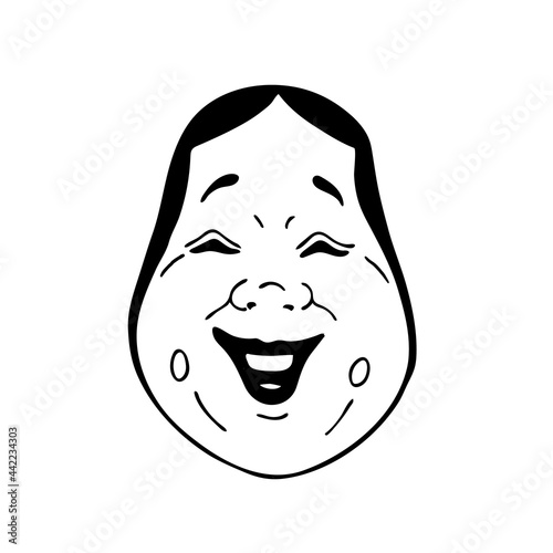 Vector image of an Okame traditional Japanese theatrical mask, a simple ugly woman on a white background