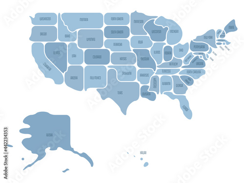 Simplified map of USA, United States of America. Rounded shapes of states with smooth border. Simple flat vector map with state name labels