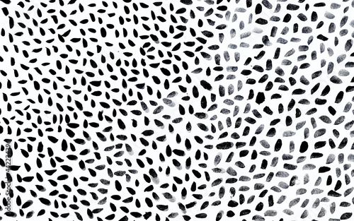 Randomly placed polka dots, hand drawn spots seamless vector pattern. Scattered big and small circles, points in various sizes. Background. Decorative black and white design tiles.