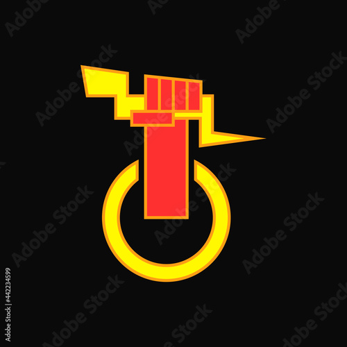 Lightning, Hand Clenched and Power Logo Concept. Yellow, Red and Orange. Logo, Icon, Symbol and Sign. Black Background
