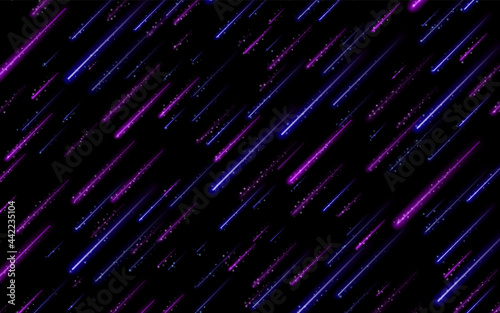 Neon Light Particles, Shooting Stars. Meteorites Flying at High Speed on Dark Space Background. Stylish Print Design.