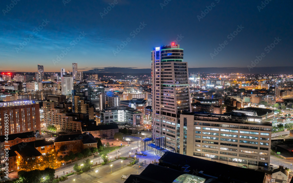 Leeds City Centre aerial view at night, twilight, towards the  train station and centre from Bridgewater Place. Yorkshire Northern England United Kingdom.