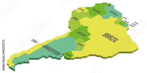 Isometric political map of South America. Colorful land with country name labels on white background. 3D vector illustration