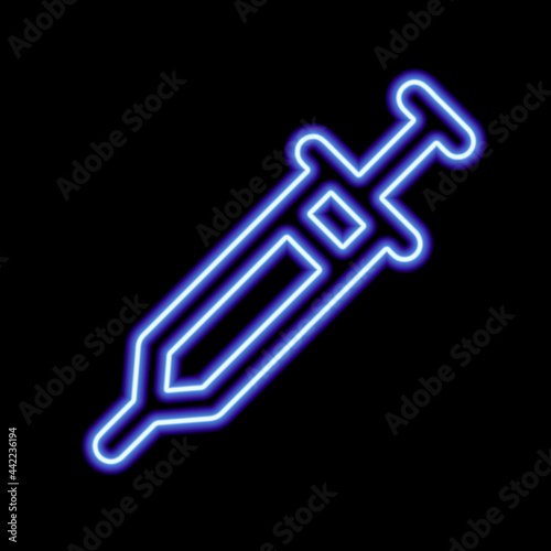 Blue neon stylized syringe contour on a black background