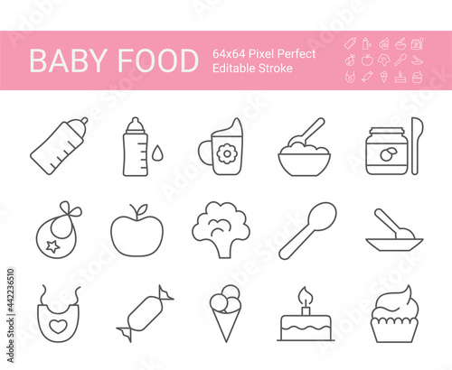 Icon set with baby food. Editable vector stroke. 64x64 Pixel Perfect.