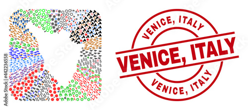 Vector mosaic Tuscany region map of different icons and Venice, Italy seal stamp. Mosaic Tuscany region map constructed as subtraction from rounded square shape. Red round stamp with Venice,