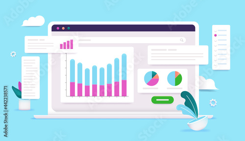 Laptop with data analytic tools - Computer screen with graphs and charts on blue background. Internet analysing concept, vector illustration.