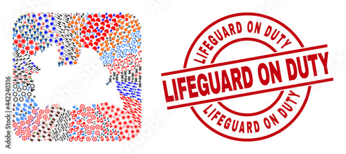 Vector mosaic Utrecht Province map of different pictograms and Lifeguard on Duty badge. Mosaic Utrecht Province map designed as subtraction from rounded square shape.