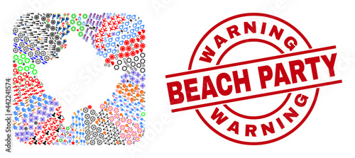 Vector collage Kosovo map of different symbols and Warning Beach Party seal stamp. Mosaic Kosovo map constructed as carved shape from rounded square shape.