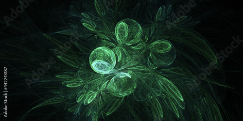 Fractal abstract botanical leaves made from glowing green light