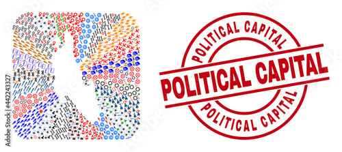 Vector collage Zanzibar Island map of different pictograms and Political Capital seal stamp. Collage Zanzibar Island map created as subtraction from rounded square.