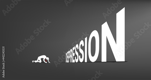 silhouette of businessman on knee in front of Depression text. Concept for fail and depress people.