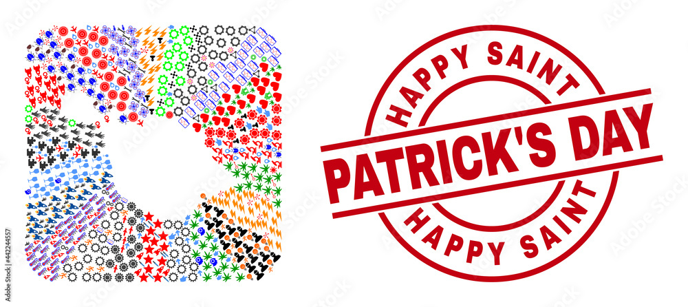 Vector mosaic Heard and McDonald Islands map of different icons and Happy Saint Patrick'S Day stamp. Mosaic Heard and McDonald Islands map designed as carved shape from rounded square shape. Vector mosaic Heard and McDonald Islands map of different icons and Happy Saint Patrick'S Day stamp. Mosaic Heard and McDonald Islands map designed as carved shape from rounded square shape.