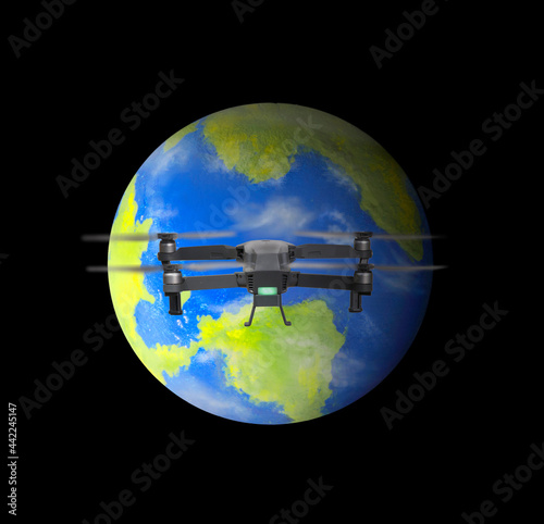 Drone vehicle approaching planet earth globe. photo