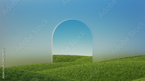 Fototapeta 3d render, abstract panoramic background. Minimal landscape with green hills and glass arch under the blue sky. Modern showcase scene