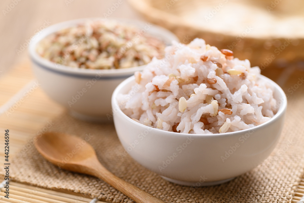 Organic Thai highland cooked brown rice in a bowl (Cargo rice, Loonzain rice or Husked rice), Healthy food Organic Thai highland cooked brown rice in a bowl (Cargo rice, Loonzain rice or Husked rice), Healthy food