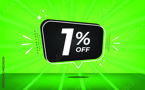 1% off. Green banner with one percent discount on a black balloon for mega big sales.