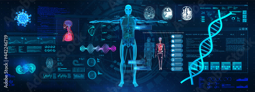 Healthcare examination with HUD interface. Full scan and examination of the human body and organs. DNA indications, cardiogram, body X-ray, brain, heart. Medical HUD. 3D human body research. Vector