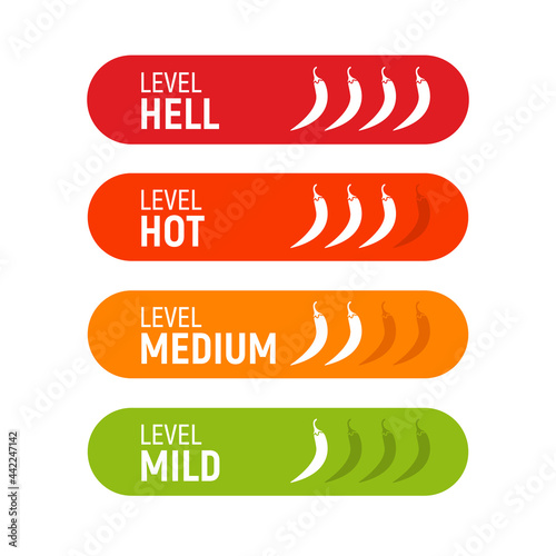 Hot pepper spicy heat level icon. Chili pepper symbol vector scale spice fire logo label