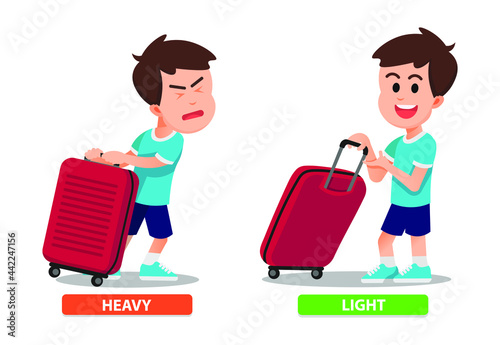 boy shows the difference in how to carry a suitcase