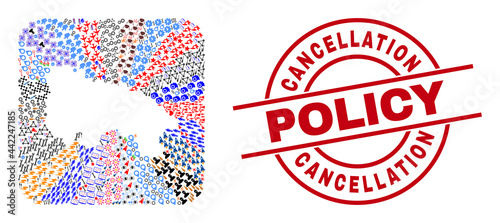 Vector collage La Rioja of Spain map of different symbols and Cancellation Policy seal stamp. Collage La Rioja of Spain map created as carved shape from rounded square shape.
