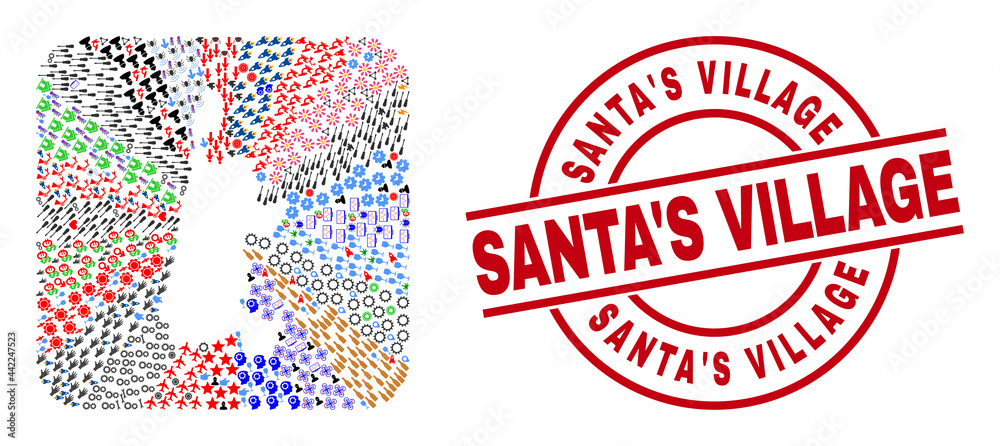 Vector collage North Holland map of different icons and Santa'S Village seal stamp. Collage North Holland map created as subtraction from rounded square. Red round badge with Santa'S Village text. Vector collage North Holland map of different icons and Santa'S Village seal stamp. Collage North Holland map created as subtraction from rounded square. Red round badge with Santa'S Village text.