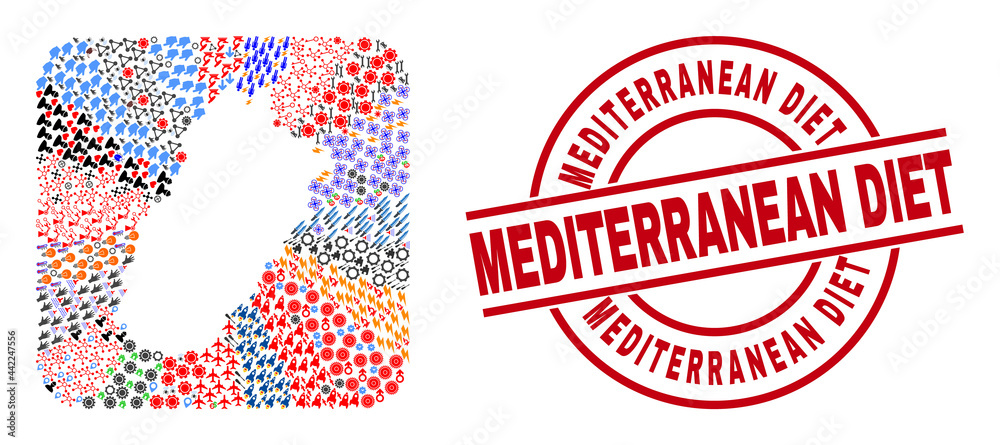 Vector collage Punjab Province map of different pictograms and Mediterranean Diet badge. Collage Punjab Province map constructed as subtraction from rounded square shape.
