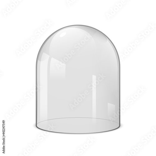Glass dome bell jar cover. 3d transparent vector glass dome protection case hemisphere empty glassware